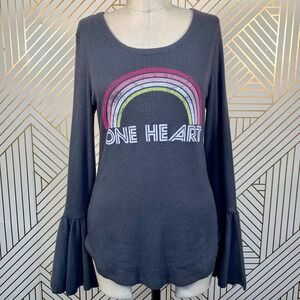 NWT Chaser‎ One Heart Rainbow Love Rib Peplum Sleeve Shirttail Tee Gray Size XS